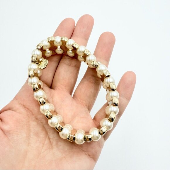 Monet Gold Tone Rhinestones Faux Pearl Stretch Bracelet - Picture 4 of 8